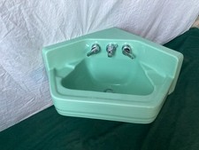 Vtg Mid Century 24" Jadeite Ming Green Corner Wall Sink Standard Bath 431-25E