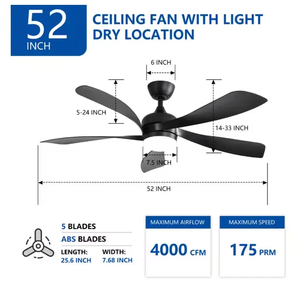 52" Rustic Black Ceiling Fan Indoor/Outdoor Light 3-Color Dimmable Ultra Quiet - Image 3 of 4
