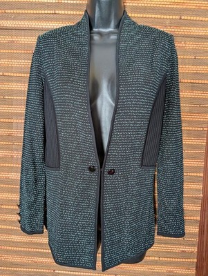 MING WANG Womens XS Black Turquoise Knit Blazer Sweater Jacket Tweed Textured