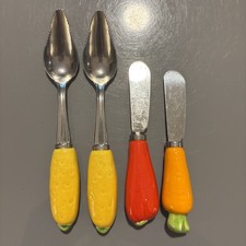 Vintage Lot - 2 Grapefruit Spoons + 2 Butter Knives w/ Ceramic Vegetable Handles