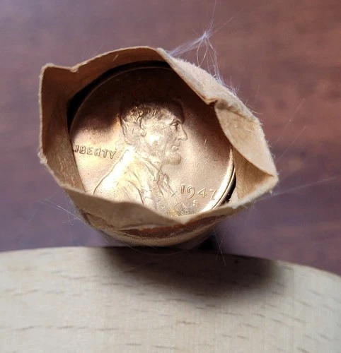 B 1947-S Lincoln Wheat Cent RED BU UNC Roll Hand-Rolled, came with OBW Roll