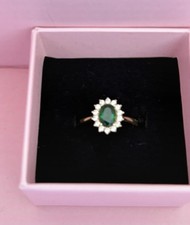 9ct Gold Simulated Emerald and CZ Ring Size O 1/2