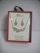 New Silver Tone MOM Necklace Earrings Set Hearts Jewelry Costume Mother Day Gift