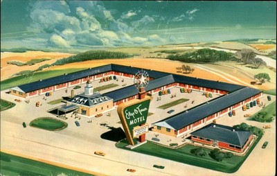 Edge O'Town Motel Rockford Illinois ~ aerial ~ artist rendering ~ 1950s postcard