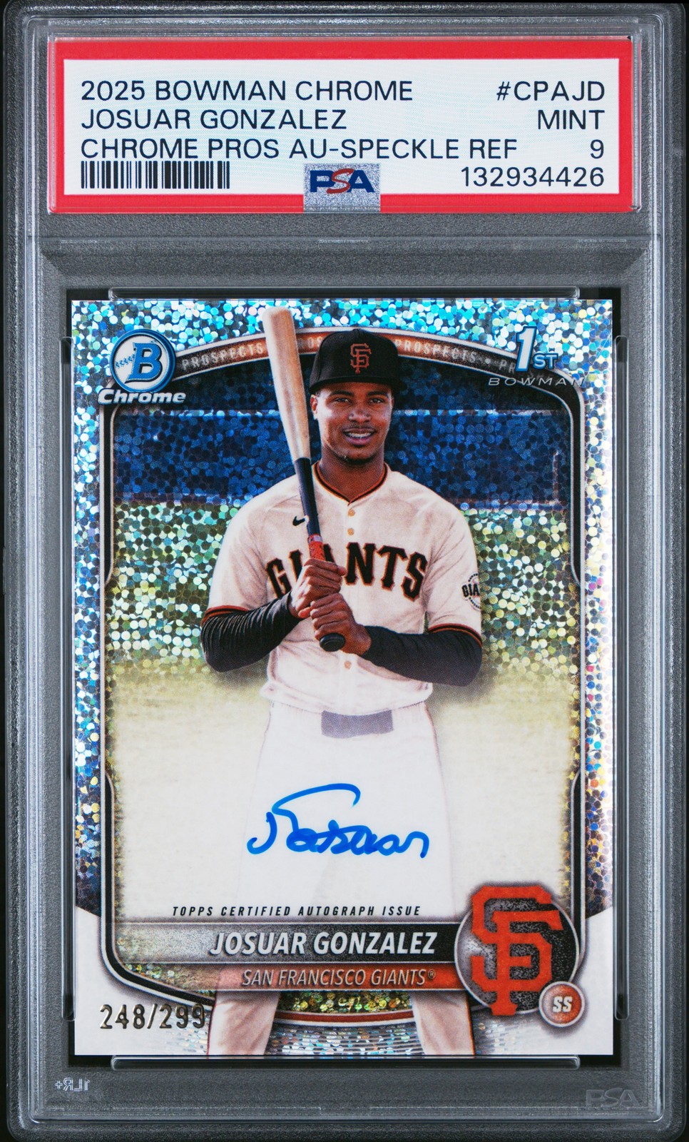 2025 Bowman Chrome #CPAJD Josuar Gonzalez Chrome Auto Speckle Ref /299 PSA 9