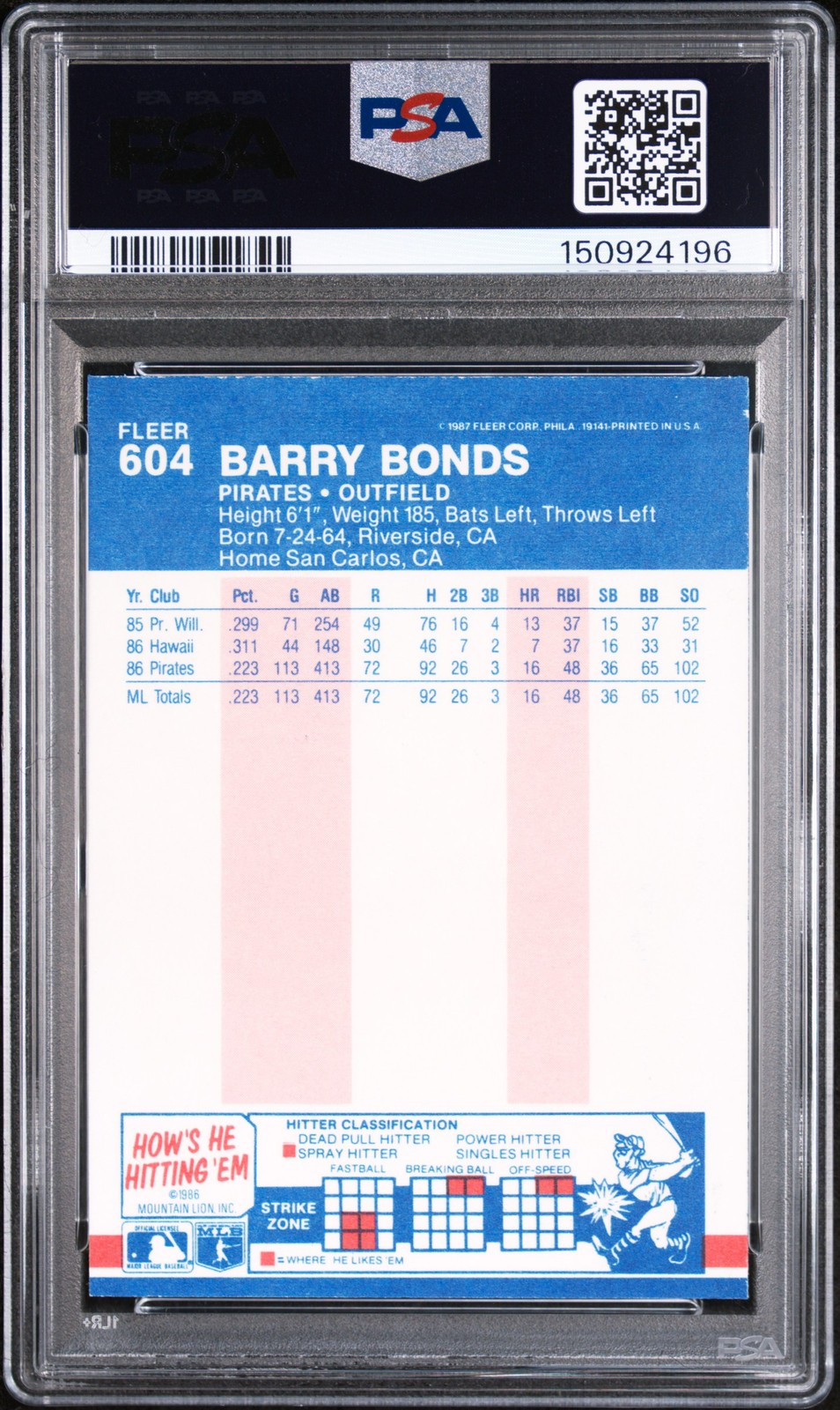 1987 FLEER GLOSSY #604 BARRY BONDS PSA 7 view 2