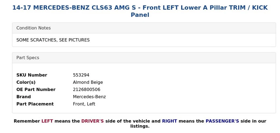 14-17 MERCEDES-BENZ CLS63 AMG S - Panel TRIM/KICK pilar inferior delantero izquierdo Foto 4 de 4