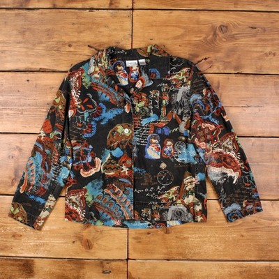 Vintage Chicos Jacke S Damen Schwarz Leinen Baumwolle Mehrfarbig Kunstdruck