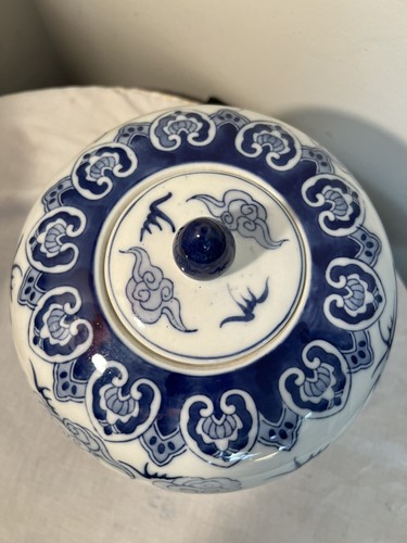 Chinesischer Ming Stil Vintage blau weißer Drache Porzellan Deckel Ingwer Tempel Glas - Bild 5 von 7