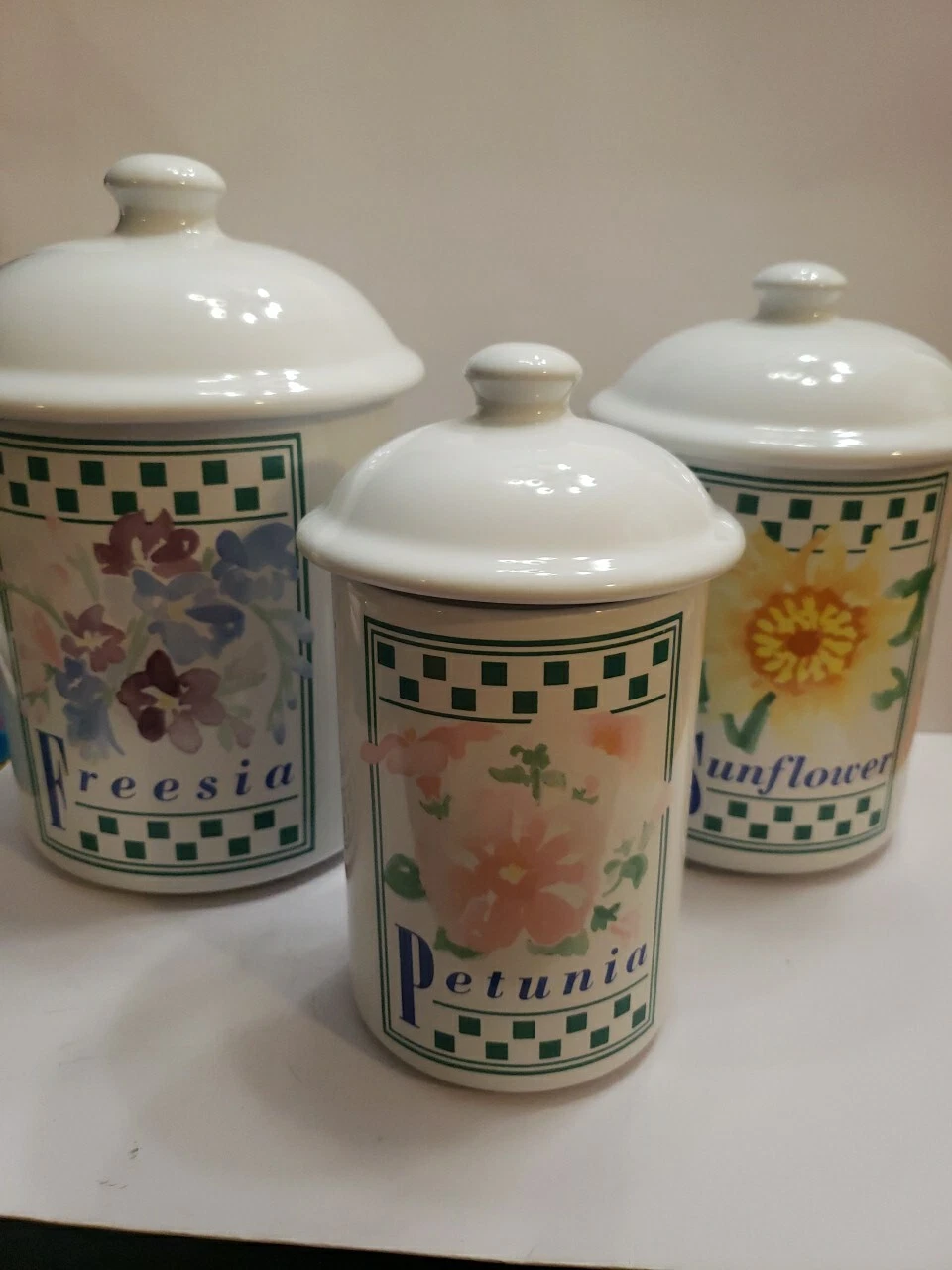 Riviera Van Beers Signature Canisters W/ Lids. Freesia Sunflower Petunia