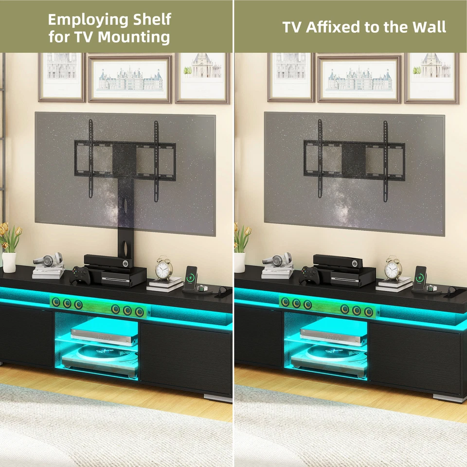 Black TV Stand with Mount Power Outlet LED Storage for 50 to 70 inch TVs Console - Image 3 of 4