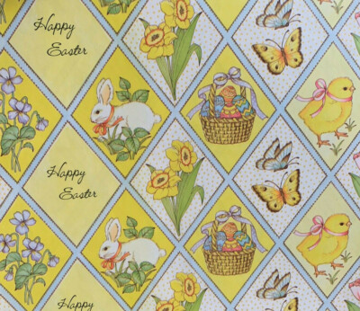 Vintage 1979 Easter Gift Wrapping Paper Yellow Bunny Egg Basket Floral 70s Chick