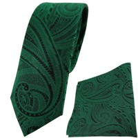 Schmale Tigertie Seidenkrawatte + Einstecktuch GrüN SmaragdgrüN Schwarz Paisley