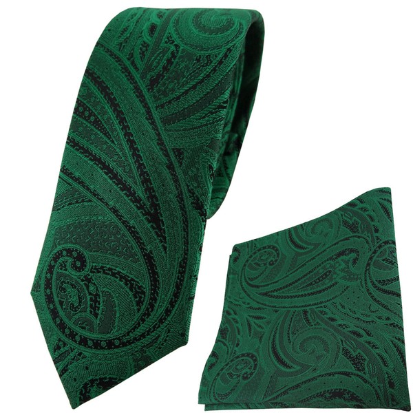 Schmale Tigertie Seidenkrawatte + Einstecktuch GrüN SmaragdgrüN Schwarz Paisley-image