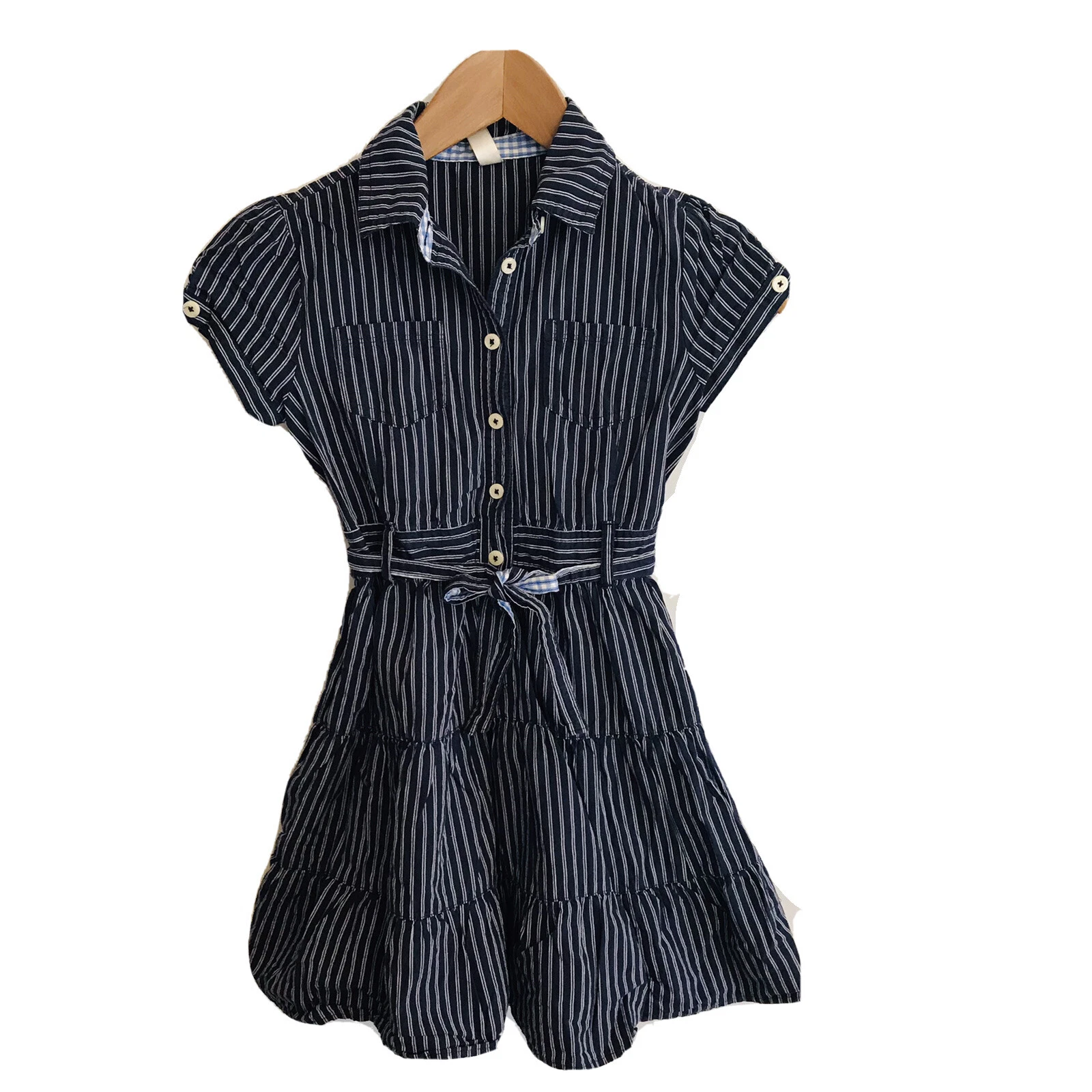 Girls Cherokee Shirt Dress Medium M 7/8 Navy Blue Short Sleeve Ruffle Skirt Belt