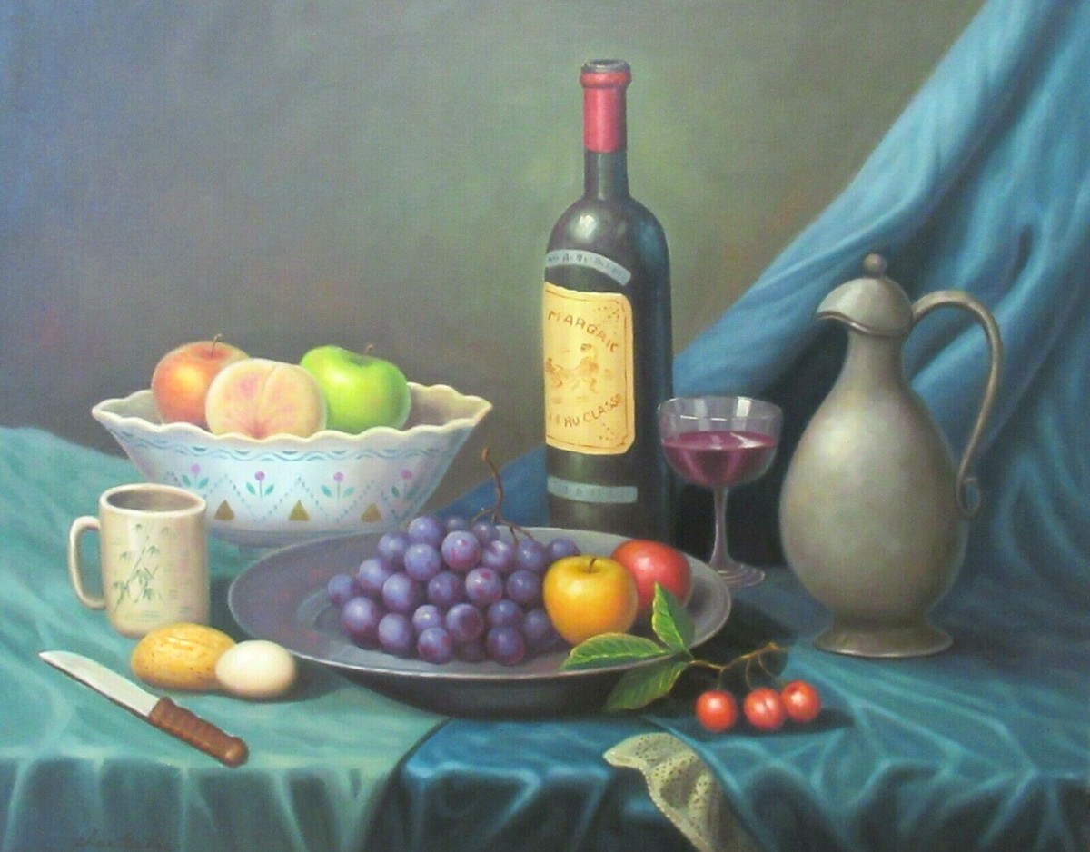 CHAN KU LEE HUGE OIL CANVAS STILL LIFE FRUIT & WINE BOTTLE