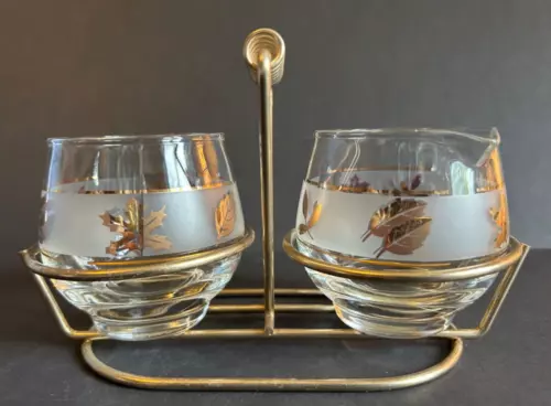 Vintage 50's Gold Leaf Design Libbey Glass Condiment Cream Sugar Set and Carrier