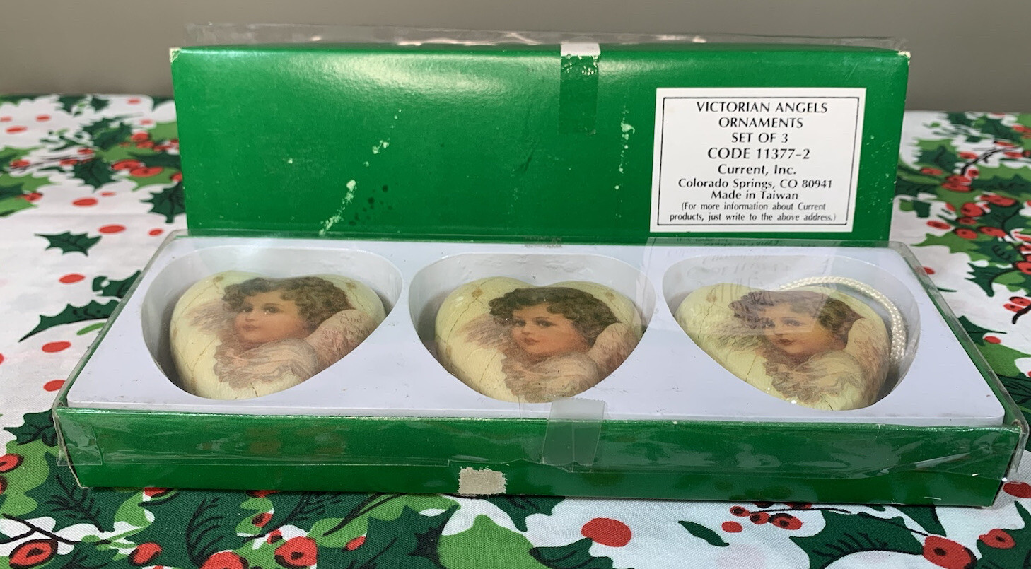 Victorian Angel Heart Ornaments Set of 9 Decoupage Ornaments Current Inc IOB