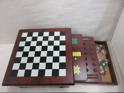 Variety Board Game Set 5 Games Chess Chinese Checkers Backgammon in Wooden Case