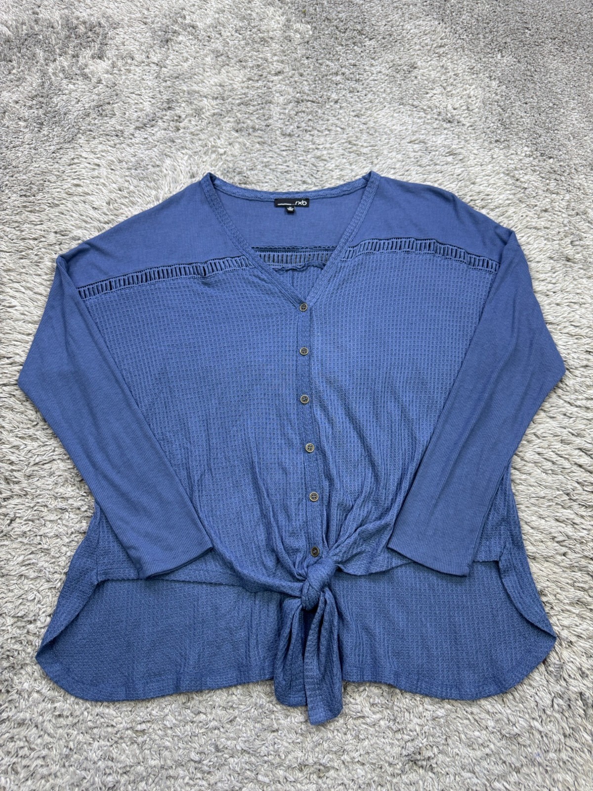 RXB Top Women Medium Blue Waffle Knit Button Up Twist Knot Peasant Shirt Blouse