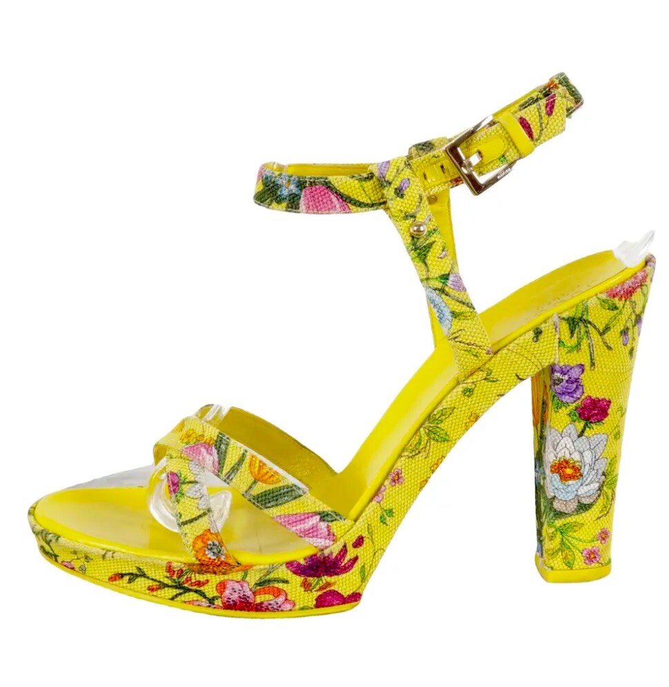 Gucci Flora Platform Sandals Yellow Floral Canvas Heels EU38.5 Box