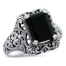 BLACK AGATE 925 SOLID STERLING SILVER ANTIQUE STYLE FILIGREE RING     584X