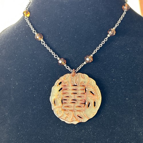 VTG Carved Jade Glass Bead Necklace Medallion Pendant On Station Chain 16-18” - Picture 10 of 11