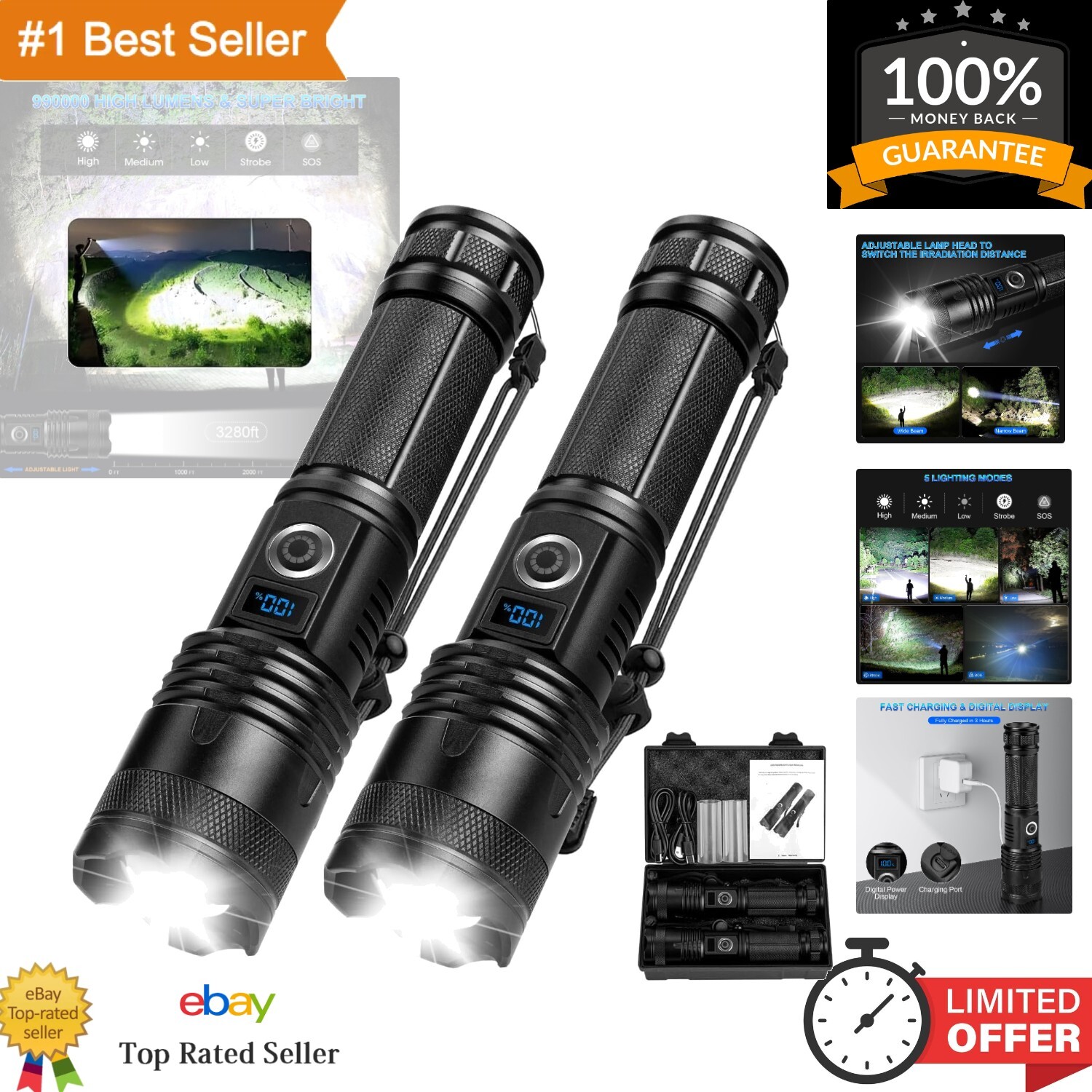 Powerful LED Flashlight Set with Digital Display - 990000 Lumens & Weatherproof