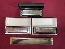  4 Assorted Harmonicas, Golden Cup, Swan, Bee, Bluesband, Nice Condition, EH1