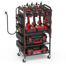 Large Power Tool Organizer Cart with Charging Station and Heavy Duty Tool Bag...