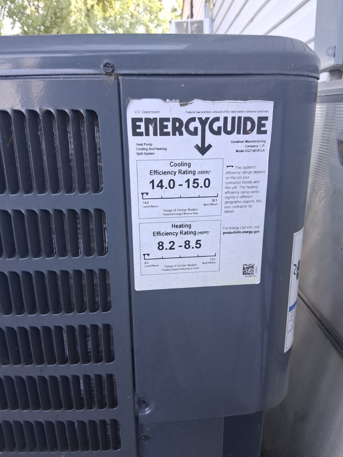 Seer Label Goodman GSZ140181LA Central AC Outdoor Unit 208-230V 1Ph 14-15 SEER | eBay