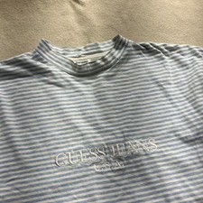 Vintage 90s Guess Blue White Striped T-Shirt Tee Sz Small-Medium Made in USA