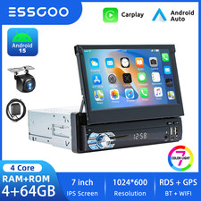 Android 15 4+64GB 1 DIN Radio Coche Estéreo 7" Pantalla Táctil Abatible Carplay GPS