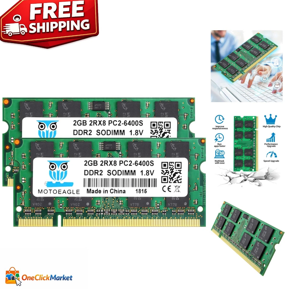 Mémoire RAM 4 Go (2x2 Go) PNY - DDR2 800 MHz PC2-6400 - Kit De 2 Barrettes - Occasion Fonctionnelle