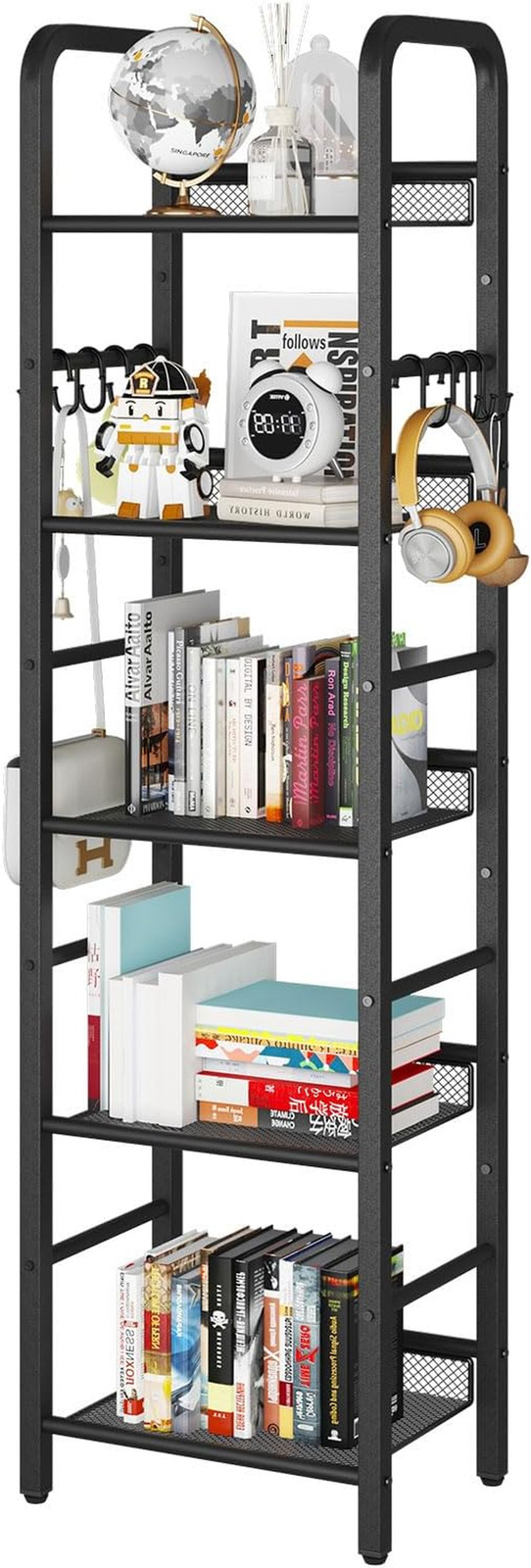 Libreria a 5 Strati con 8 Ganci a S: Scaffale Multiuso in Metallo e Legno