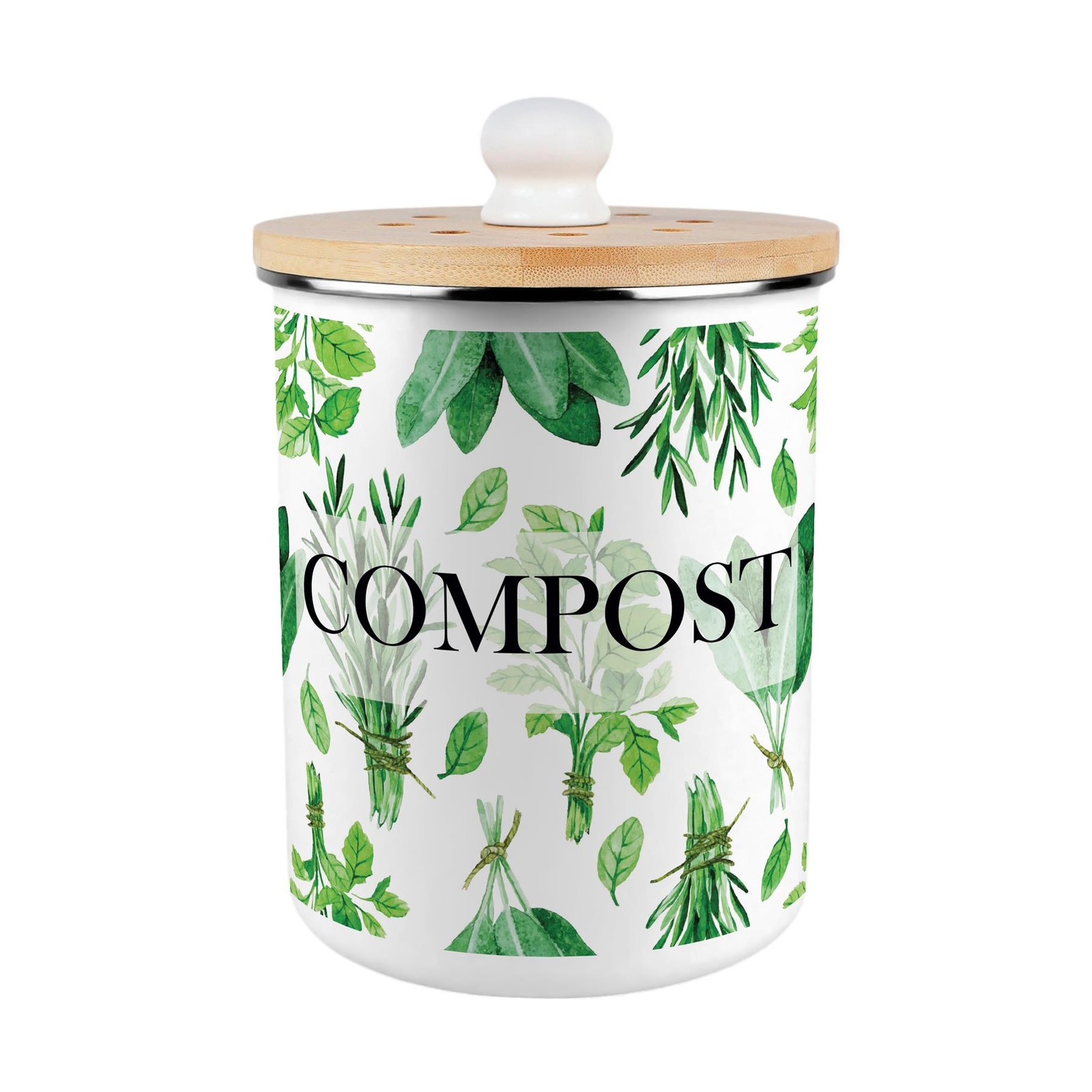Green Herbs Food Waste Bin - Metal 2L Decorative Kitchen Compost Caddy Gift