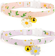 2 Pack Cotton Breakaway Cat Collar with Bell Pink Purple Flowers Pendant Cute