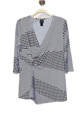 Clara Sun Woo SMALL Black White Houndstooth Stretch Knit Blouse Office Career