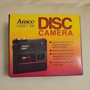 Vintage Ansco Cadet 100 Disc Camera, handheld 4in x 4in original box