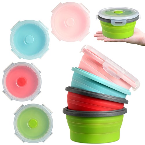 4 Pcs Camping Bowl with Lid Collapsible Silicone Lunch Box Salad Bowl Expanda...