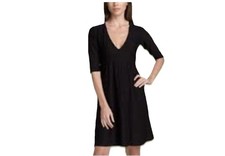 Eileen Fisher Little Black Dress Deep V Neck A Line Stretch Knee US Made Event L