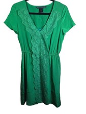 Marc by Marc Jacobs Green 100% Silk Midi Dress Lace Detail Short Slv Lux Size 2 