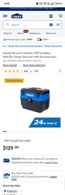 Value $176 CAD Kobalt 24V Max Cordless Handheld Wet/Dry Shop Vacuum Bare Tool 