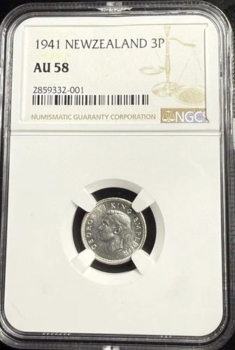 1941 NEW ZEALAND NGC AU 58 THREE PENCE