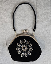 Small Black Velvet Bead Adorned Evening Clutch Bag Purse Kiss Lock Closure