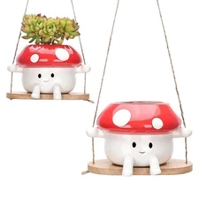 Mushroom Swing Face Planter Pot Hanging Ceramic Flower Head Planters for Indoor