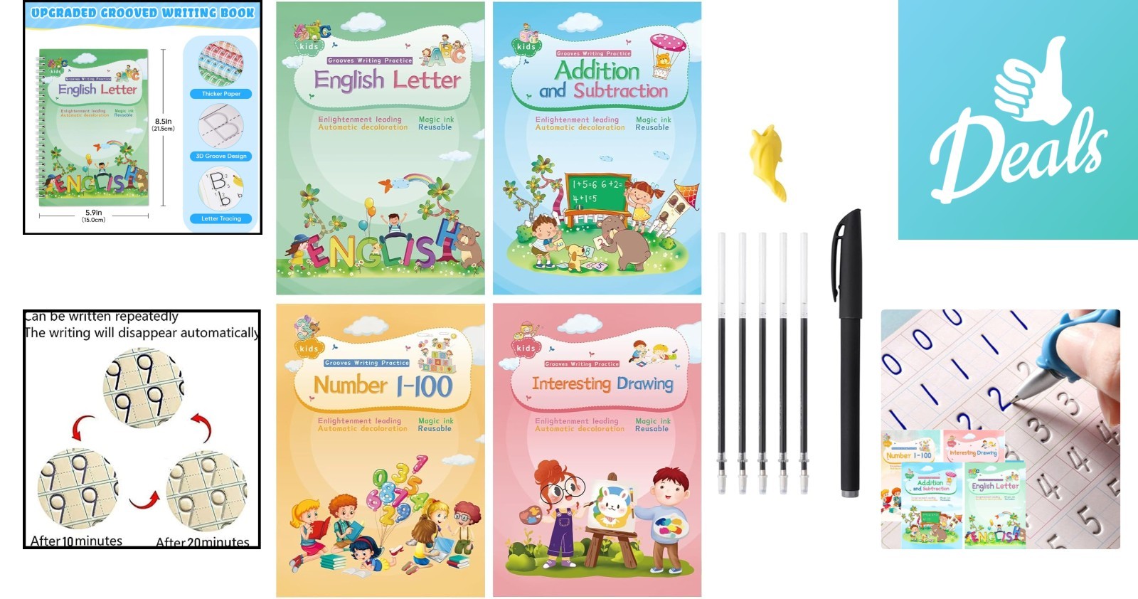 Magic Ink Handwriting Set for Children - Reusable Copybooks with Silicone Grip