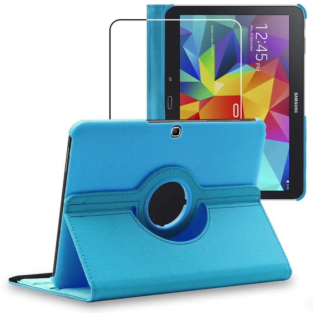 Coque Samsung Galaxy Tab 4 10.1 housse etui rotatif 360 verre trempe bleu