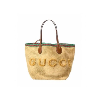 Gucci Logo Tote Bag Women s Beige with Brown Leather Double Handles