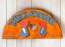 Vtg HAND PAINTED Wooden Cottage Country Welcome Sign Plaque Handcrafted Hearts